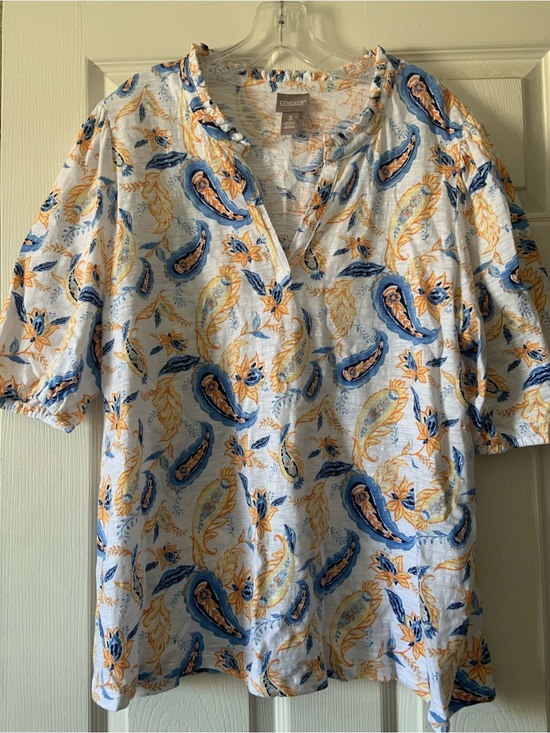 Chico's Tops - Chico's Short-Sleeve Paisley Popover Top in Blue & Yellow